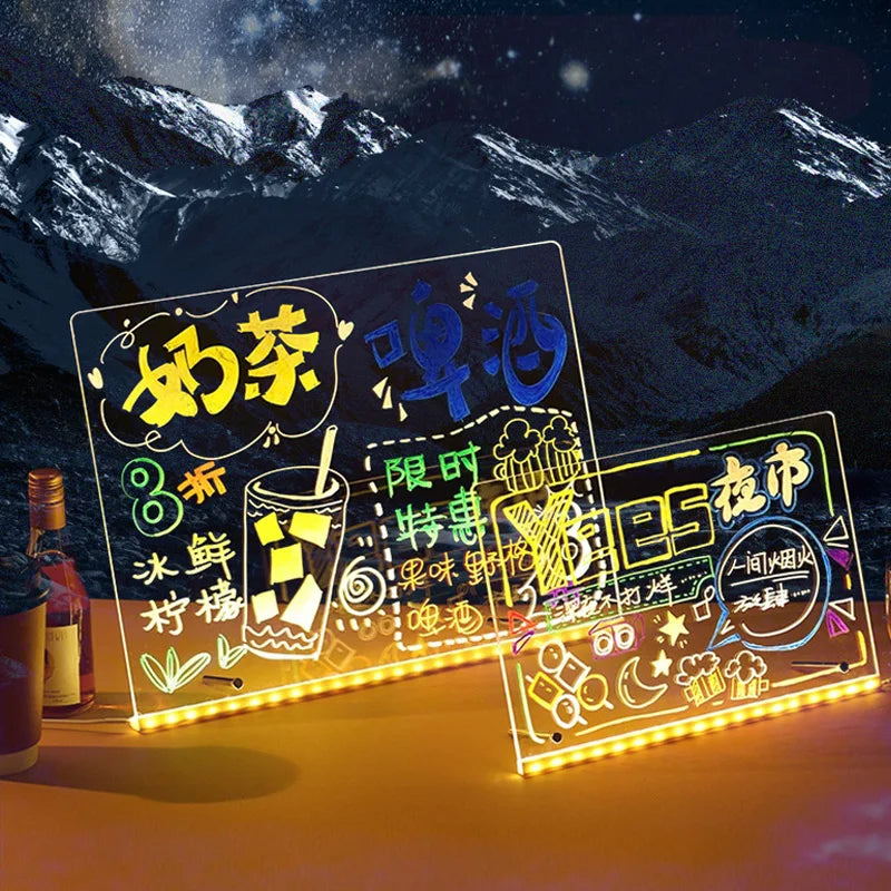 Light Up Acrylic Message Board Rewritable DIY Children's Glowing Drawing Board Message Lamp With 7 Colorful Pens